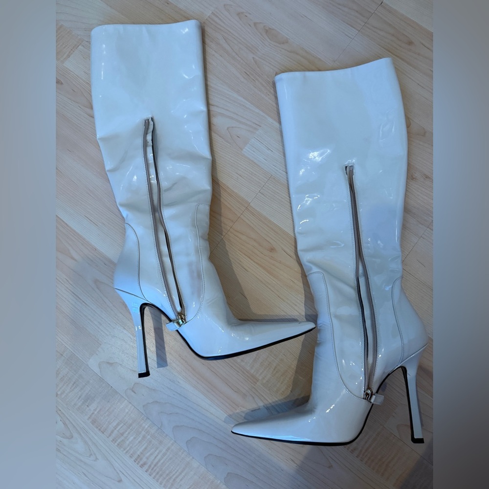Blumarine Cream Patent Over-the-Knee Stiletto Boots